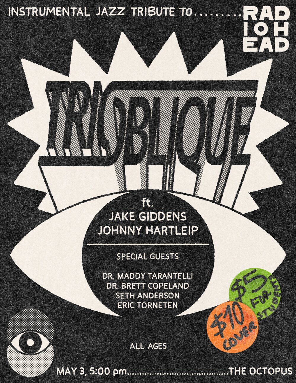 Trioblique gig poster — burnt orange screen print on cream stock